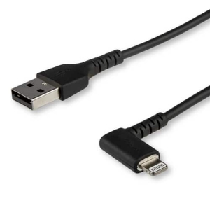 StarTech.com Cable Resistente USB-A a Lightning de 1 m – Negro -Acodado en un Ángulo de 90° a la Derecha – Cable de Carga y Sincronización USB Tipo A a Lightning de Fibra de Aramida Resistente – MFi – iPhone