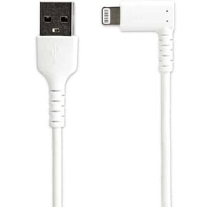 StarTech.com Cable Resistente USB-A a Lightning de 1 m – Blanco -Acodado en un Ángulo de 90° a la Derecha – Cable de Carga y Sincronización USB Tipo A a Lightning de Fibra de Aramida Resistente – MFi – iPhone