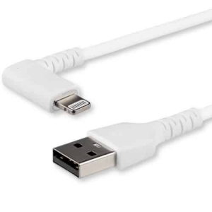 StarTech.com Cable Resistente USB-A a Lightning de 1 m – Blanco -Acodado en un Ángulo de 90° a la Derecha – Cable de Carga y Sincronización USB Tipo A a Lightning de Fibra de Aramida Resistente – MFi – iPhone