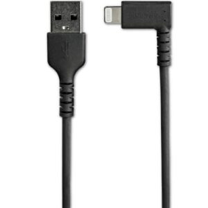 StarTech.com Cable Resistente USB-A a Lightning de 2 m – Negro -Acodado en un Ángulo de 90° a la Derecha – Cable de Carga y Sincronización USB Tipo A a Lightning de Fibra de Aramida Resistente – MFi – iPhone