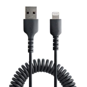 StarTech.com Cable de 1m USB a Lightning con Certificación MFi, Cable Rizado de Carga para iPhone, Negro, con Recubrimiento de TPE, Núcleo de Fibra de Aramida, Cable Lightning Rizado Negro