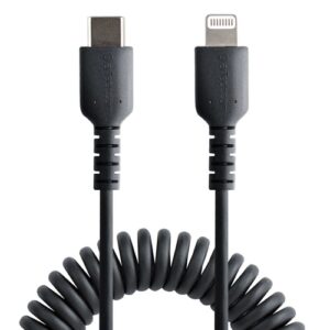 StarTech.com Cable de 1m USB-C a Lightning MFi, Cable USB Tipo C Rizado de Carga Negro para iPhone, con Recubrimiento de TPE, Núcleo de Fibra de Aramida, Cable Lightning Rizado a USBC con Recubrimiento de TPE