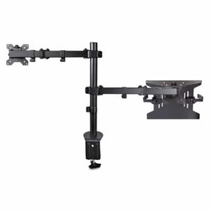 StarTech.com Brazo Soporte Ajustable para Monitor con Bandeja VESA para un Ordenador Portátil de 4,5kg y una Pantalla de hasta 32″ (8kg), Negro, con Mordaza en C/Grommet