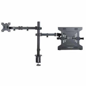 StarTech.com Brazo Soporte Ajustable para Monitor con Bandeja VESA para un Ordenador Portátil de 4,5kg y una Pantalla de hasta 32″ (8kg), Negro, con Mordaza en C/Grommet