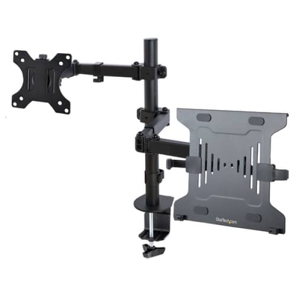 StarTech.com Brazo Soporte Ajustable para Monitor con Bandeja VESA para un Ordenador Portátil de 4,5kg y una Pantalla de hasta 32″ (8kg), Negro, con Mordaza en C/Grommet