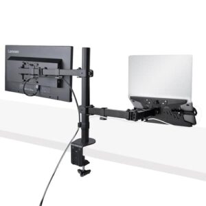 StarTech.com Brazo Soporte Ajustable para Monitor con Bandeja VESA para un Ordenador Portátil de 4,5kg y una Pantalla de hasta 32″ (8kg), Negro, con Mordaza en C/Grommet