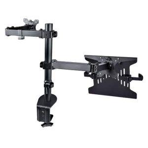 StarTech.com Brazo Soporte Ajustable para Monitor con Bandeja VESA para un Ordenador Portátil de 4,5kg y una Pantalla de hasta 32″ (8kg), Negro, con Mordaza en C/Grommet