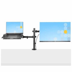 StarTech.com Brazo Soporte Ajustable para Monitor con Bandeja VESA para un Ordenador Portátil de 4,5kg y una Pantalla de hasta 32″ (8kg), Negro, con Mordaza en C/Grommet
