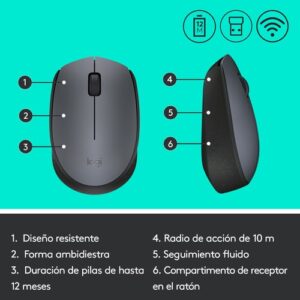 Logitech M170 Grey-K ratón Ambidextro RF inalámbrico Óptico 1000 DPI