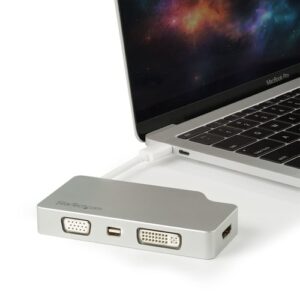 StarTech.com Adaptador USB C Multipuertos de Vídeo HDMI, VGA, Mini DisplayPort o DVI – Convertidor USB Tipo C de Monitor a HDMI 1.4 o mDP 1.2 (4K) – VGA o DVI (1080p) – Aluminio Plata