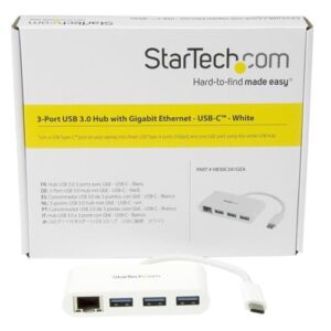 StarTech.com Concentrador USB 3.0 de 3 Puertos con USB-C y Ethernet Gigabit - Hub Ladrón de USB Convencional - Blanco