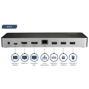StarTech.com Dock USB C para 2 Monitores 4K 30Hz con HDMI y DisplayPort – Entrega de Potencia 60W – SD – Hub 4x Puertos USB-A 3.0 – Gb Ethernet – Audio – Compatible con Thunderbolt 3