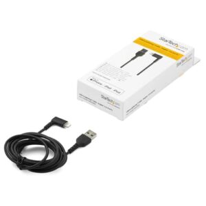 StarTech.com Cable Resistente USB-A a Lightning de 2 m – Negro -Acodado en un Ángulo de 90° a la Derecha – Cable de Carga y Sincronización USB Tipo A a Lightning de Fibra de Aramida Resistente – MFi – iPhone