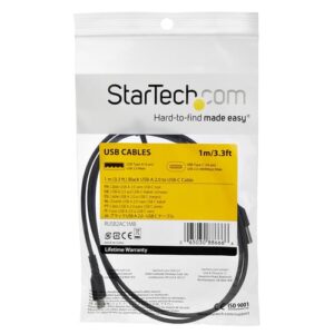 StarTech.com Cable de 1m de Carga USB C – de Carga Rápida y Sincronización USB 2.0 Tipo C a USB C para Portátiles – Revestimiento TPE de Fibra de Aramida M/M 60W Negro – iPad Pro Surface