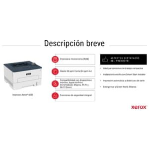 Xerox B230 A4 34 ppm Impresora inalámbrica a doble cara PCL5e/6 2 bandejas Total 251 hojas Xerox B230 A4 34 ppm Impresora inalámbrica a doble cara PCL5e/6 2 bandejas Total 251 hojas