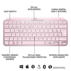 Logitech MX Keys Mini teclado RF Wireless + Bluetooth QWERTY Español Rosa Logitech MX Keys Mini teclado RF Wireless + Bluetooth QWERTY Español Rosa