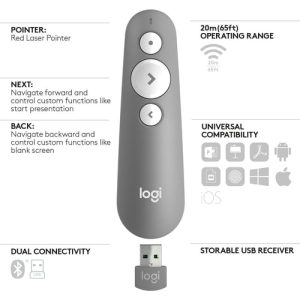 Logitech R500 Laser Presentation Remote apuntador inalámbricos Bluetooth/RF Gris