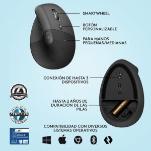 Logitech Lift ratón mano derecha RF Wireless + Bluetooth Óptico 4000 DPI