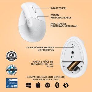 Logitech Lift ratón mano derecha RF Wireless + Bluetooth Óptico 4000 DPI