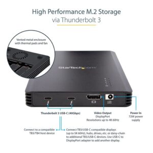 StarTech.com Caja Thunderbolt 3™ de 4 Bahías NVMe M.2 para SSD, con 1 Puerto de Vídeo DisplayPort y 2 Thunderbolt 3, 40gbps, con Fuente de Poder de 72W, Caja Externa para Disco Duro