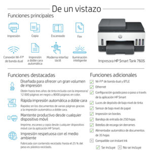 HP Smart Tank Impresora multifunción 7605, Color, Impresora para Home y Home Office, Impresión, copia, escaneado, fax, AAD y conexión inalámbrica, AAD de 35 hojas; Escanear a PDF; Impresión a doble cara