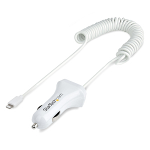StarTech.com Cargador de Coche con Cable Rizado Lightning, Cable de 1m Rizado Lightning 12W Blanco, Cable Adaptador Cargador de Coche de 2 Puertos para iPhone y Tablet, Cargador 2x USB