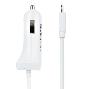 StarTech.com Cargador de Coche con Cable Rizado Lightning, Cable de 1m Rizado Lightning 12W Blanco, Cable Adaptador Cargador de Coche de 2 Puertos para iPhone y Tablet, Cargador 2x USB