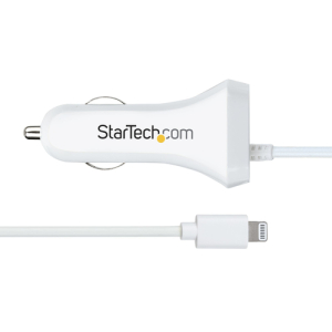 StarTech.com Cargador de Coche con Cable Rizado Lightning, Cable de 1m Rizado Lightning 12W Blanco, Cable Adaptador Cargador de Coche de 2 Puertos para iPhone y Tablet, Cargador 2x USB