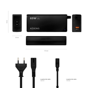 AISENS Cargador 65 W Automatico Universal Multitension Para Portatil Con 9 Conectores + USB-A QC.3.0 AISENS Cargador 65 W Automatico Universal Multitension Para Portatil Con 9 Conectores + USB-A QC.3.0