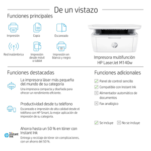 HP LaserJet Impresora multifunción M140w, Blanco y negro, Impresora para Oficina pequeña, Impresión, copia, escáner, Escanear a correo electrónico; Escanear a PDF; Tamaño compacto copia