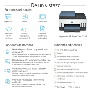 HP Smart Tank Impresora multifunción 7306, Impresión, escaneado, copia, AAD y Wi-Fi, AAD de 35 hojas; Escanear a PDF; Impresión a doble cara