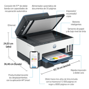 HP Smart Tank Impresora multifunción 7306, Impresión, escaneado, copia, AAD y Wi-Fi, AAD de 35 hojas; Escanear a PDF; Impresión a doble cara