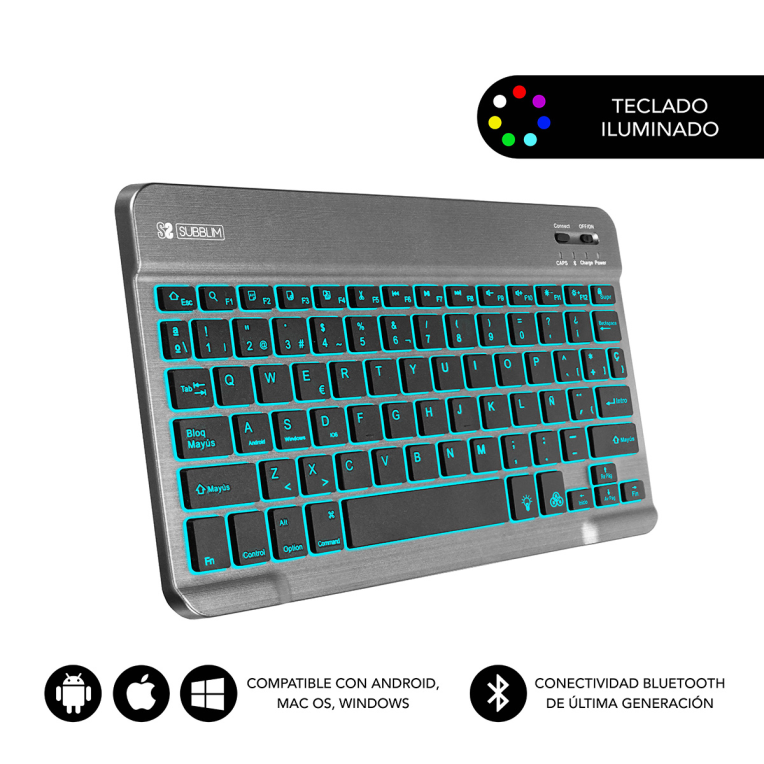 TECLADO SUBBLIM SMART BACKLIT BLUETOOTH RETROILUMINDO GRIS TECLADO TABLET SUBBLIM SMART BACKLIT BT KEYBOARD GREY