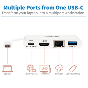 Tripp Lite U444-06N-H4GU-C Adaptador Multipuerto USB-C, 4K HDMI, Puerto USB-A, GbE y Carga PD, HDCP, Blanco GbE y Carga PD