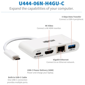 Tripp Lite U444-06N-H4GU-C Adaptador Multipuerto USB-C, 4K HDMI, Puerto USB-A, GbE y Carga PD, HDCP, Blanco Puerto USB-A