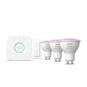 Philips Hue White and Color ambiance Kit de inicio: 3 focos inteligentes GU10 + regulador de intensidad