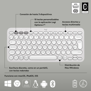 Logitech Pebble Keys 2 K380s teclado RF Wireless + Bluetooth QWERTY Español Blanco Logitech Pebble Keys 2 K380s teclado RF Wireless + Bluetooth QWERTY Español Blanco