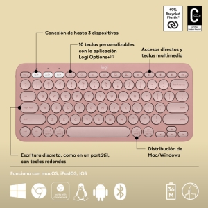 Logitech Pebble Keys 2 K380s teclado RF Wireless + Bluetooth QWERTY Español Rosa