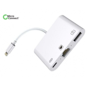 ADAPTADOR MICROCONNECT LIGHTNING MACHO / RJ45 HEMBRA + LIGHTNING HEMBRA + USB WHITE