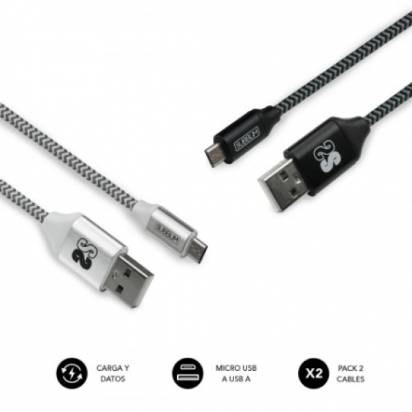 CABLE SUBBLIM USB MACHO / MICRO USB MACHO 1M BLACK / SILVER PACK 2U