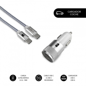 CARGADOR USB SUBBLIM 18W 2.4A USB + USB-C SILVER PARA COCHE + CABLE USB-C
