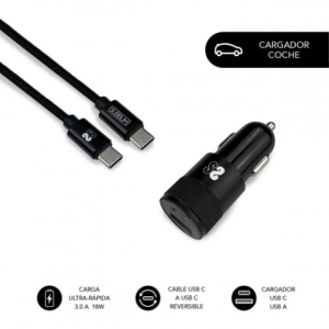 CARGADOR USB SUBBLIM 18W 2.4A USB + USB-C BLACK PARA COCHE + CABLE USB-C