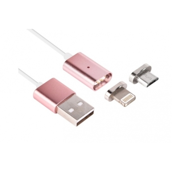 CABLE KABLEX USB MACHO / LIGHTNING MACHO + MICRO USB CONECTOR MAGNETICO ROSE GOLD