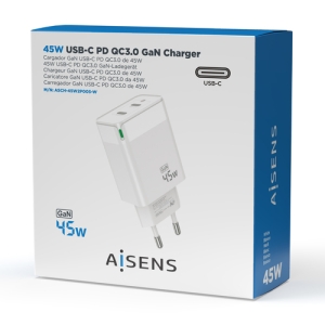 AISENS Cargador Gan 45W, 2xUSB-C PD3.0 QC4.0, Blanco