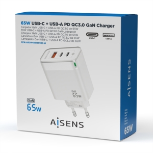 AISENS Cargador Gan 65W, 2xUSB-C PD3.0 QC4.0, 1xUSB-A QC3.0, Blanco Blanco