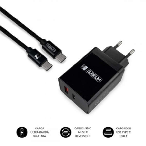 CARGADOR USB SUBBLIM 18W 2.4A USB + USB-C BLACK PARA CASA + CABLE USB-C