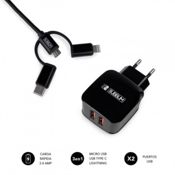 CARGADOR USB SUBBLIM 2.4A 2XUSB BLACK PARA CASA + CABLE 3 EN 1 MICRO USB / USB-C / LIGHTNING