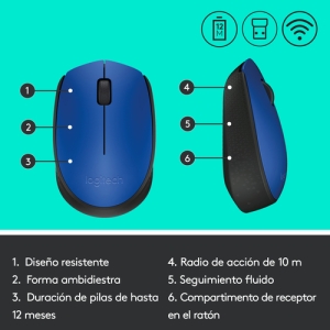 Logitech M171 Blue-K ratón Ambidextro RF inalámbrico Óptico 1000 DPI