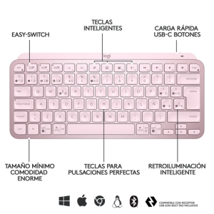 Logitech MX Keys Mini teclado RF Wireless + Bluetooth QWERTY Español Rosa Logitech MX Keys Mini teclado RF Wireless + Bluetooth QWERTY Español Rosa