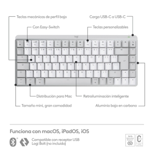 Logitech MX Mini Mechanical for Mac teclado Bluetooth QWERTY Internacional de EE.UU. Gris, Blanco Logitech MX Mini Mechanical for Mac teclado Bluetooth QWERTY Internacional de EE.UU. Gris, Blanco